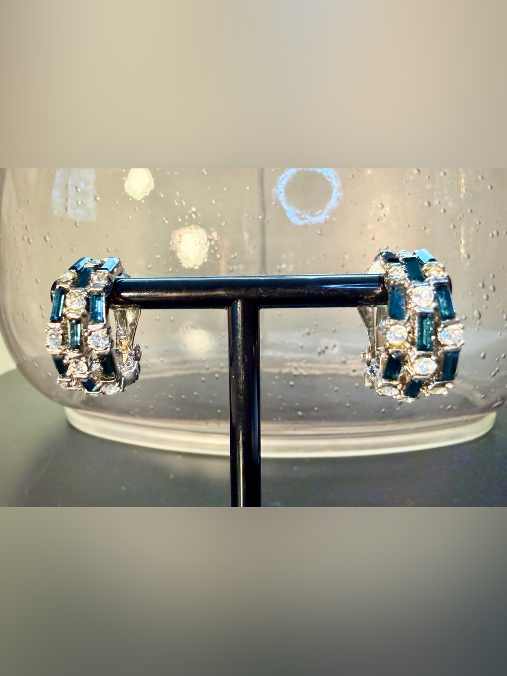 Vintage 90s Nancy Nelson Art Deco Inspired Blue & White Rhinestone Hoop Clip Ons